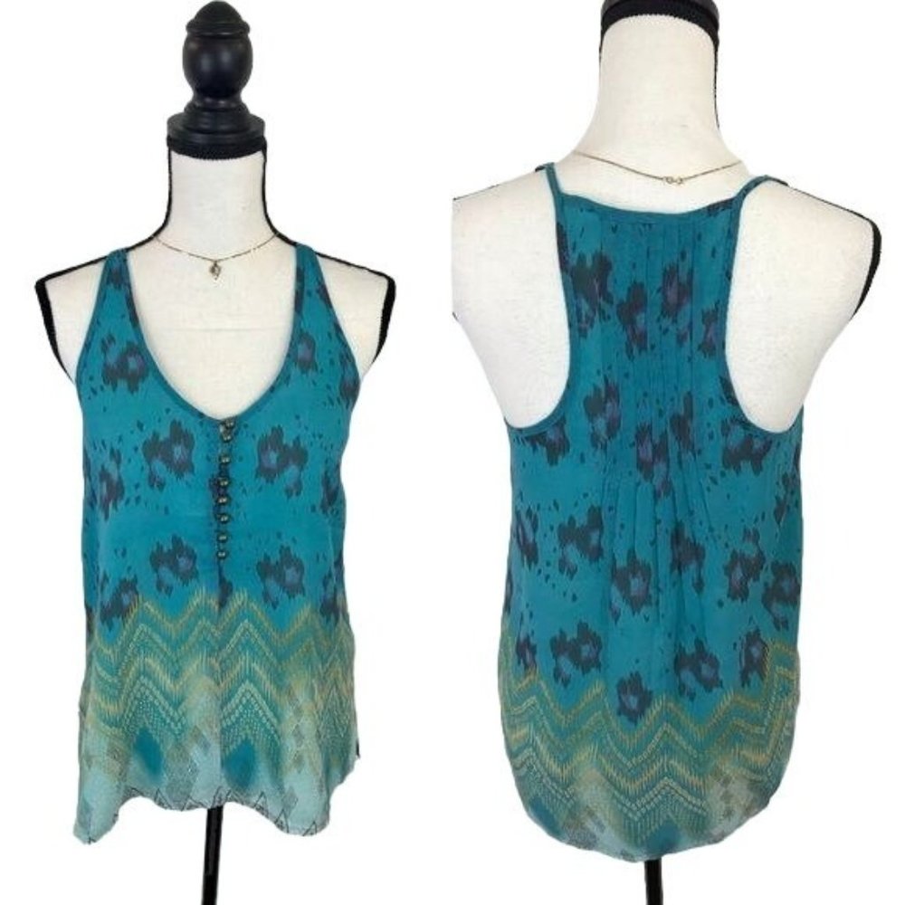 MM Couture Womens Blue Green Watercolor Print Halter Lined Sleeveless Blouse S - Picture 2 of 8